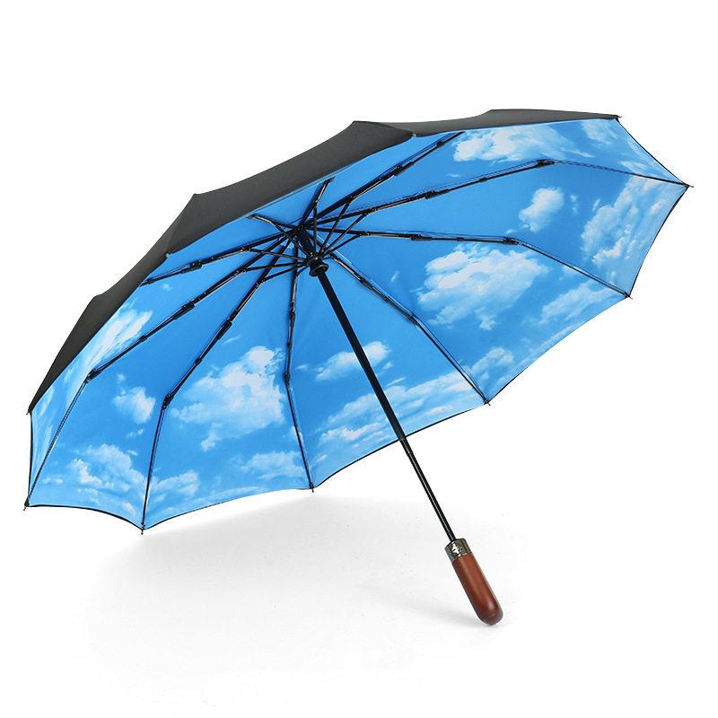 晴雨两用 加固全自动双层 10骨抗风木柄三折叠男士商务蓝天白云伞