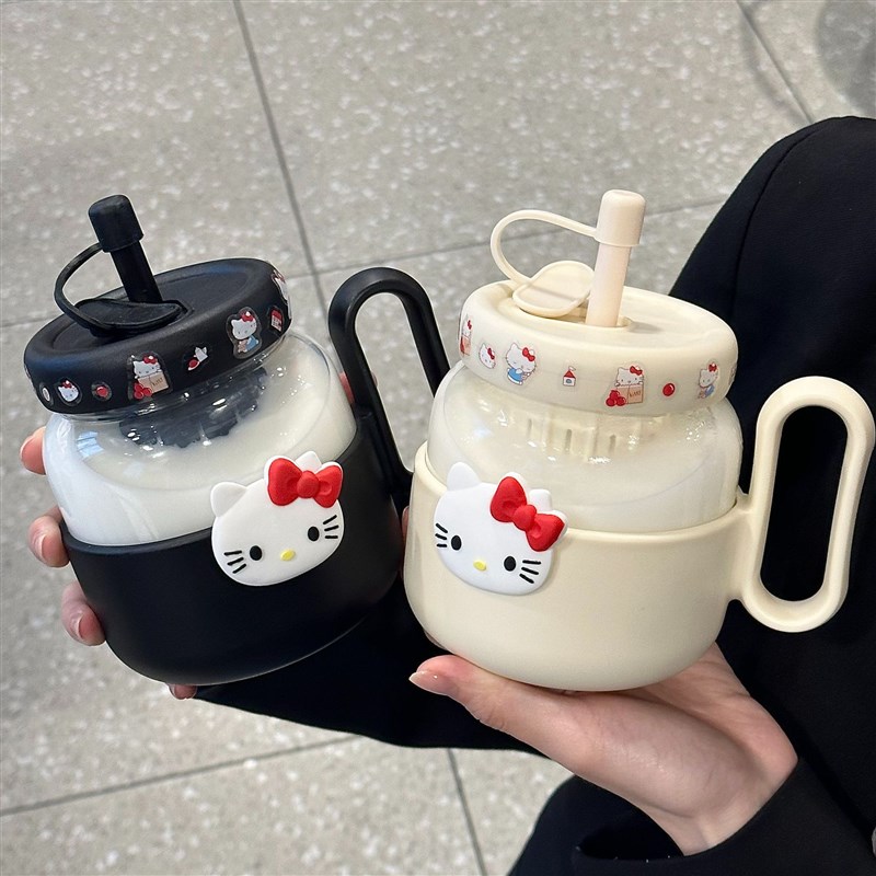 哈喽大容量手吸管杯凯蒂猫杯塑料杯大肚牛奶杯女