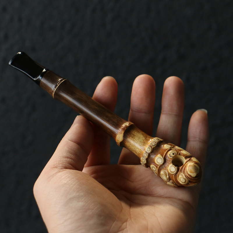 精品纯手工制作天然满钉紫竹根烟嘴过滤器竹制小烟斗烟袋竹雕把玩