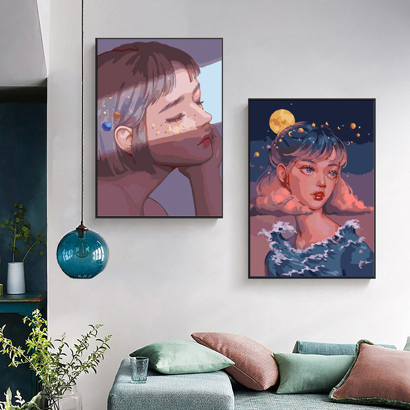 星空少女抽象数字油画diy画画手绘填充卧室油彩画客厅挂画装饰画
