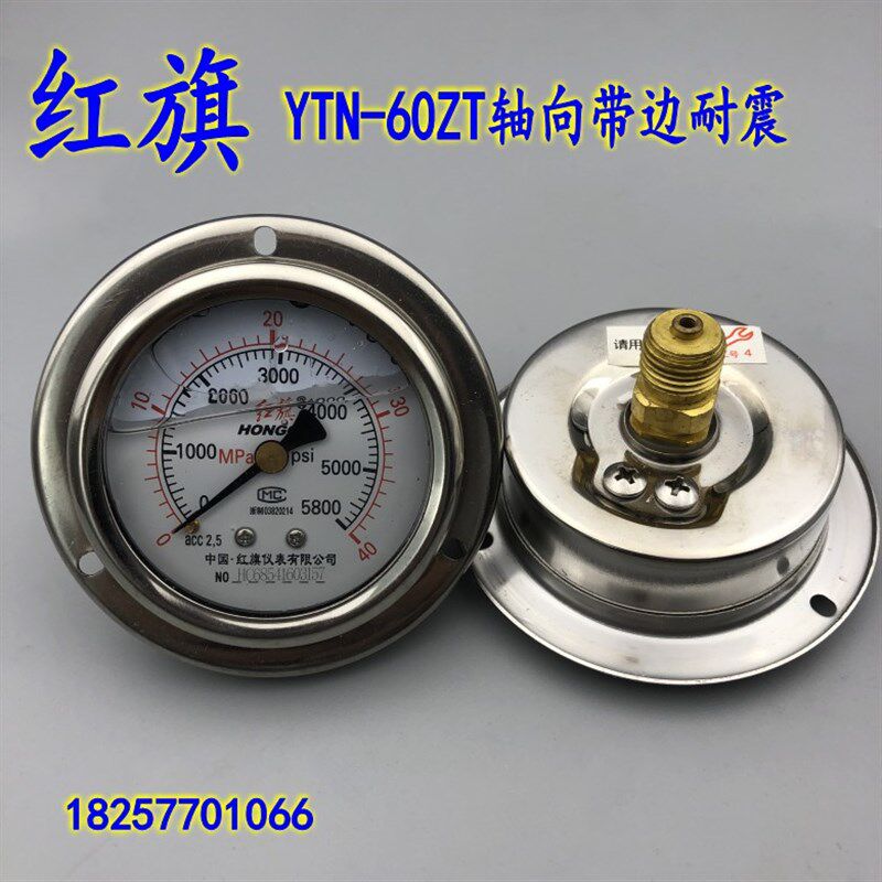 红旗YTN-60ZT轴向带边耐震压力表 抗震真空表 0-1  1.6 -0.1-0MPA