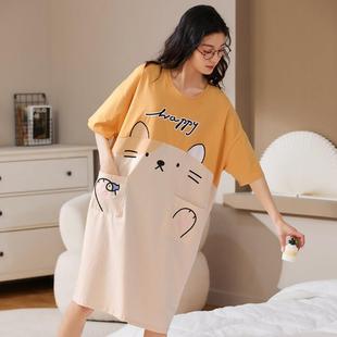 睡裙女款带胸垫夏季薄款纯棉短袖卡通200斤胖mm大码孕妇宽松睡衣