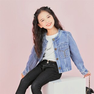 儿童网红时髦夹克小女孩上衣潮 女童秋装 时尚 短款 牛仔外套2024新款