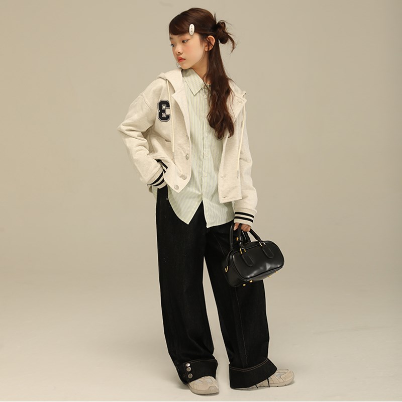 儿童深色系设计感翻边牛仔裤2024秋冬女大童加绒复古宽松阔腿长裤