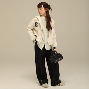 儿童深色系设计感翻边牛仔裤2024秋冬女大童加绒复古宽松阔腿长裤