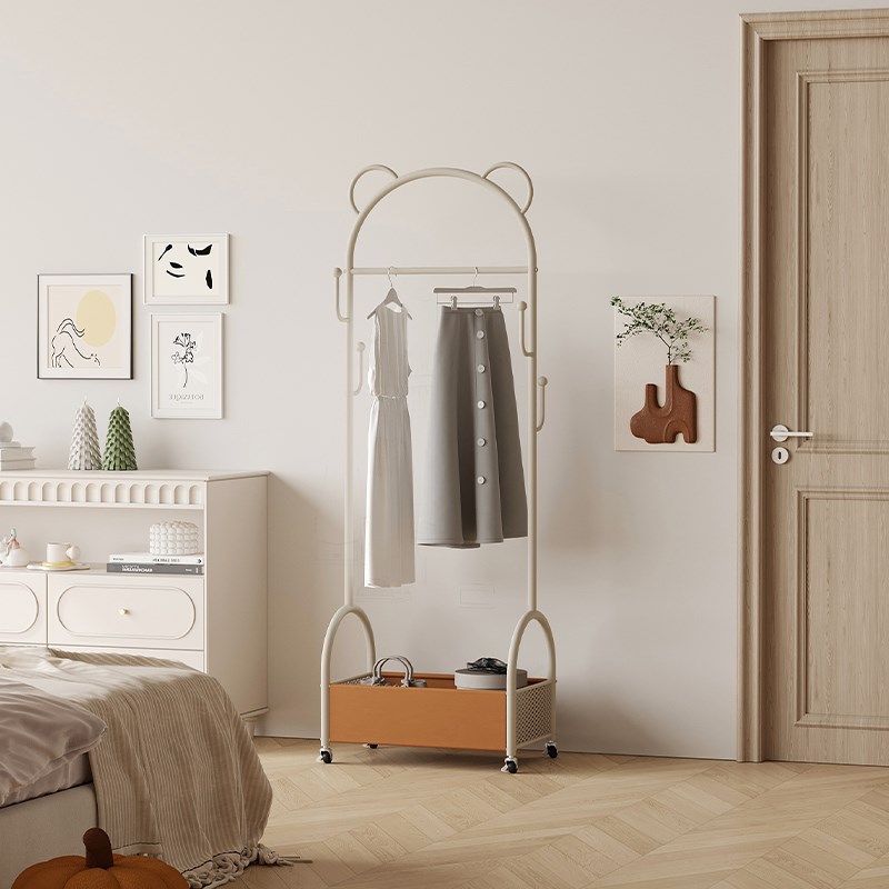 奶油风卧室落地衣架可移动家用脏衣篮挂衣架高级感入户网红衣帽架