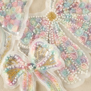 立体DIY网纱花朵衣服装 彩色蕾丝亮片手工钉珠绣蝴蝶布贴 辅料大号