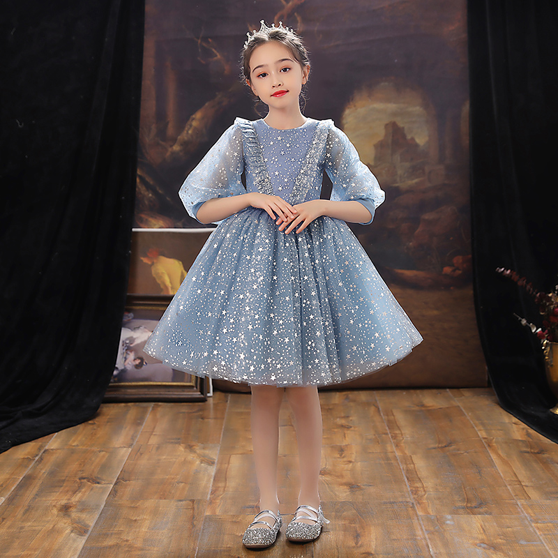 儿童礼服公主裙女童生日蓝色小女孩花童婚礼主持人钢琴演出服夏季