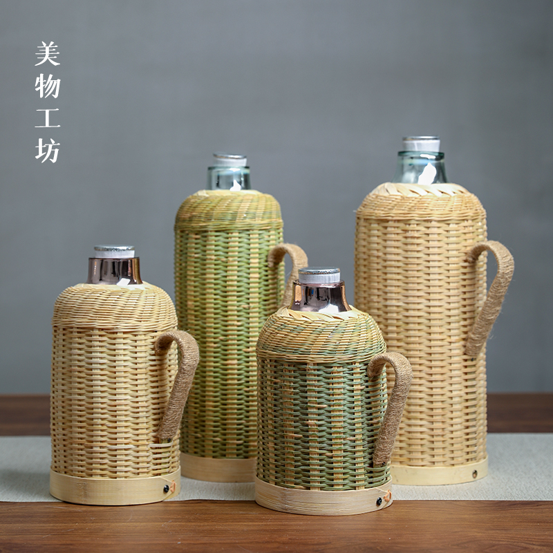 竹编热水壶手工传统热水瓶电壶玻璃内胆保温保冷木塞闷茶壶道具竹