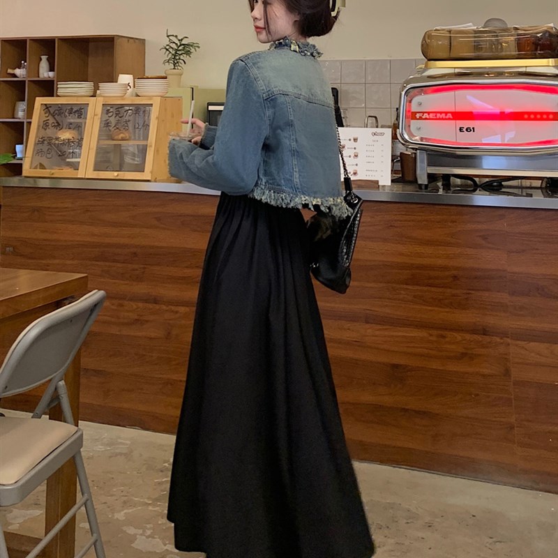 大码女装秋冬新款胖妹妹背心连衣裙复古毛边流苏短款牛仔外套套装
