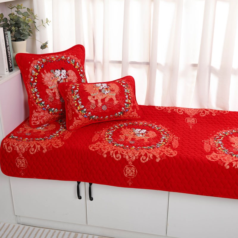 结婚飘窗地垫红色婚房阳台喜庆卧室床边窗台垫榻榻米全棉垫子定制