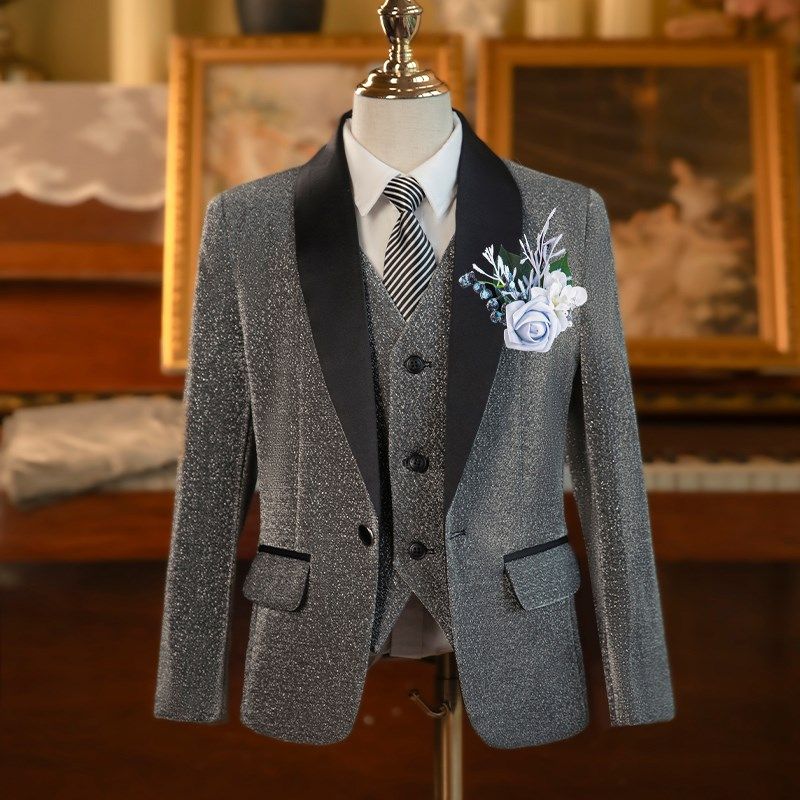 男童西装套装舞台晚会演出主持人礼服儿童灰亮片钢琴西服套装花童