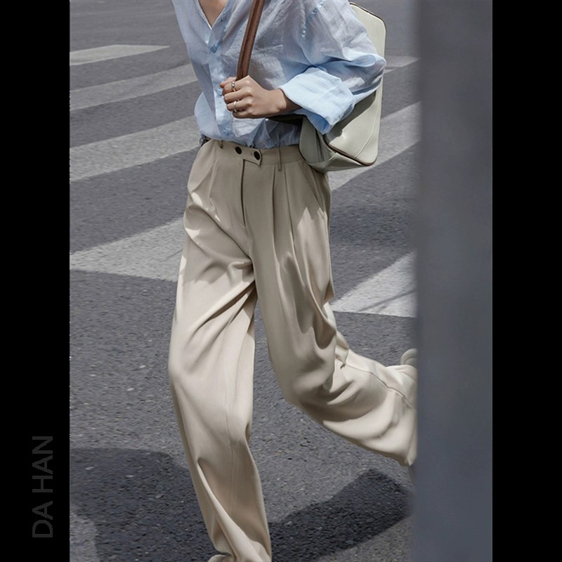 法式高腰垂坠感西装阔腿裤女春秋设计感小个子休闲直筒拖地长裤子