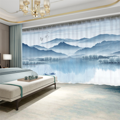 新中式水墨山水风景画窗帘遮光2023新款中式客厅中国风格茶室纱帘
