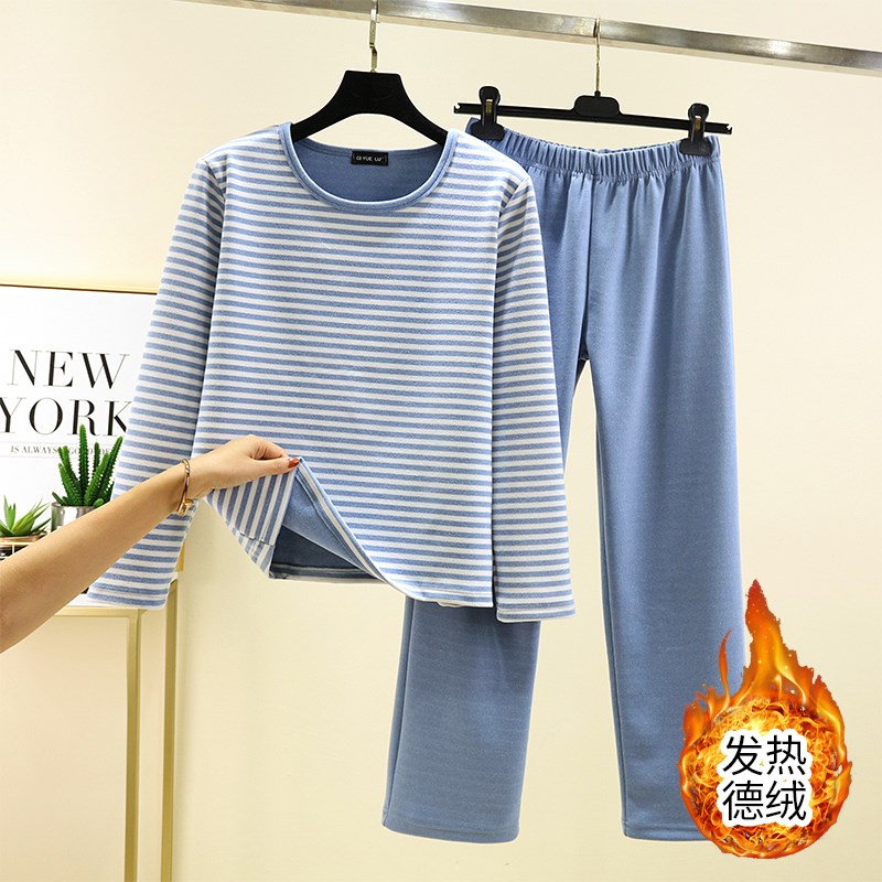 德绒条纹家居服套装女冬季加绒保暖睡衣两件套大码宽松上衣长裤
