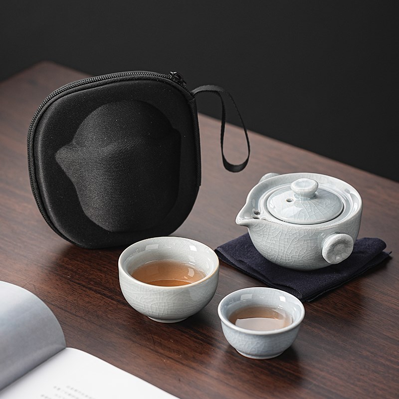 哥窑快客杯一壶二杯单人功夫泡茶壶便携式茶杯旅行茶具户外小套装