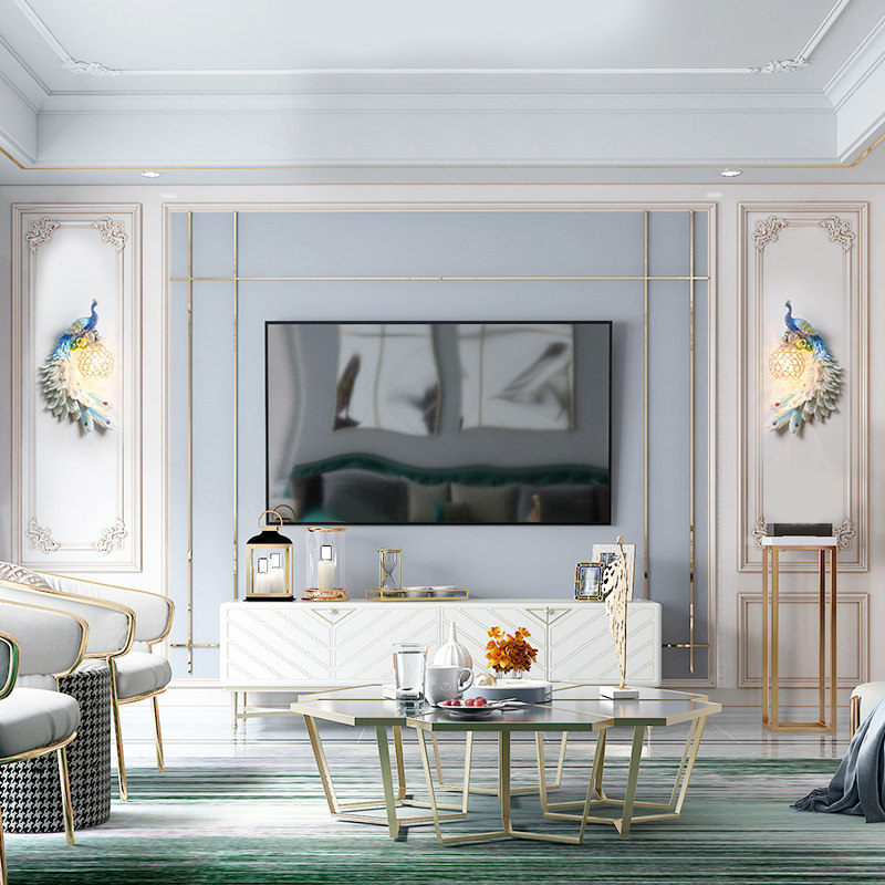 欧式充电壁灯客厅背景墙创意孔雀装饰卧室床头灯玄关楼梯门口壁挂