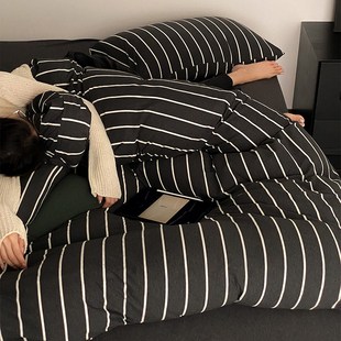 裸睡A类纯棉针织棉被套床笠款 色织全棉条纹天竺棉四件套 床上用品
