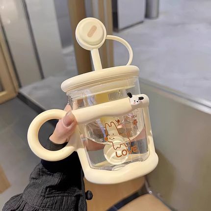 玻璃杯家用马克杯可爱耐热水杯女生吸管带勺盖办公室早餐咖啡杯子