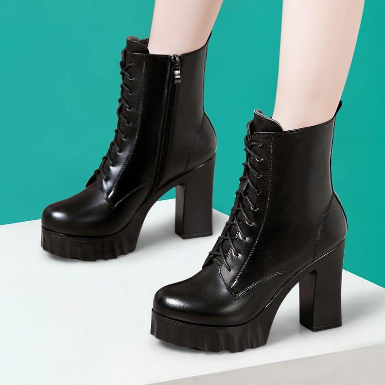 2024厚底新款百搭大码年短靴女春秋高跟秋冬粗跟系带马丁靴女单靴