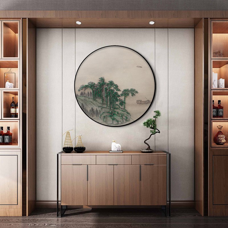 新中式圆形钉子画山水玄关手工实物画客厅样板间卧室书房装饰画图片
