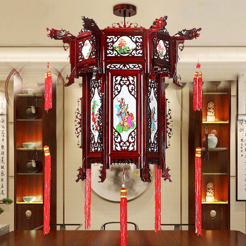 仿古中式实木六角宫灯户外吊灯白羊皮山水画广告阳台过年灯笼挂饰