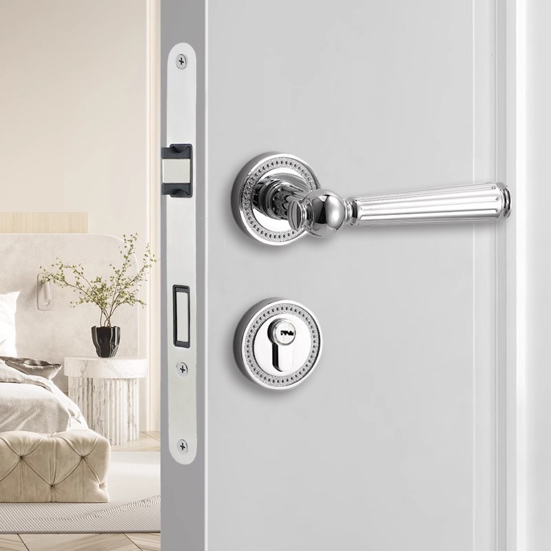 博斯顿法式室内轻奢亮银色分体房门锁家用卧室磁吸静音房间门把手