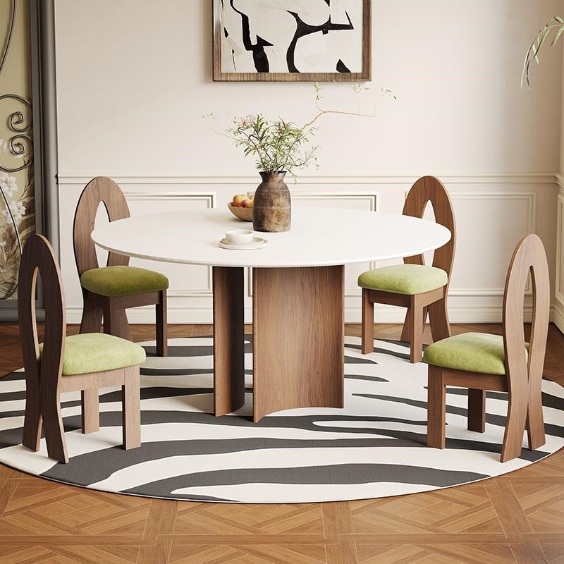 法式复古岩板餐桌实木轻奢现代简约大小户型家用中古高端圆桌饭桌