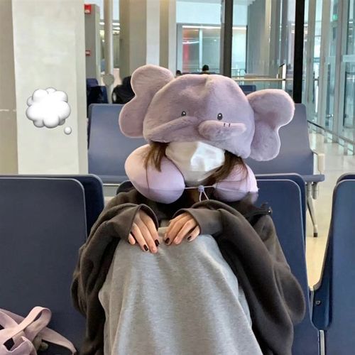 紫色大象连帽U型枕旅行枕可爱卡通护颈办公室空调帽子开车飞机枕