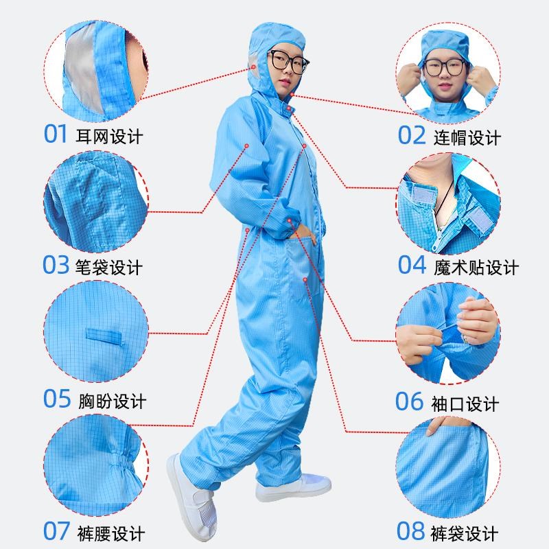 静电衣网格百级无尘服连体防护服男女食品厂有口袋绿色工作服