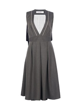 D-HARRY/迪哈利复古灰色浅咖色条纹连衣裙女中长裙子DH231J95859D