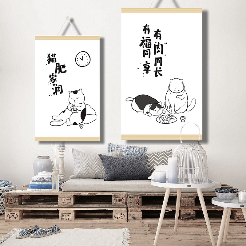 猫肥家润挂画黑白手绘风卡通装饰画沙发背景墙客厅墙画挂布定制图片