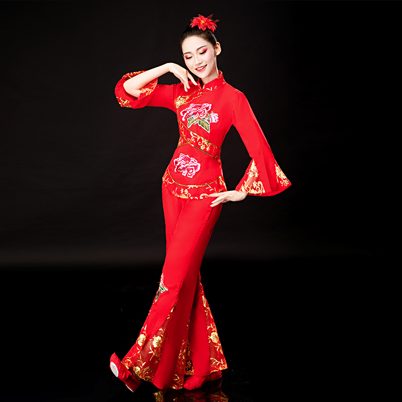秧歌服女2019新款套装喜庆扇子舞腰鼓服装成人广场舞中老年演出服