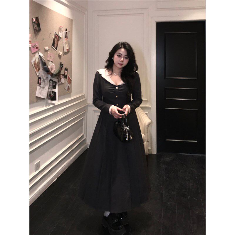 大小姐冬日美纪缎面海军领呢子收腰百褶连衣裙女甜美显瘦短裙