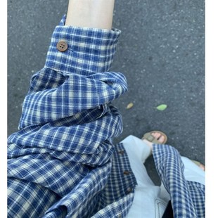 小个子150复古蓝色格子衬衫外套女145春秋宽松休闲百搭衬衣xs码