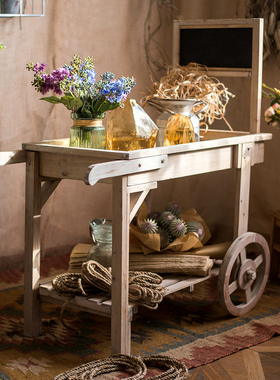 田园乡村复古落地家居推车木质花架置物架花店陈列展架多功能摆件