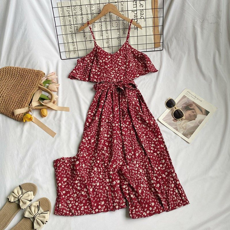 度假风V领碎花荷叶边露肩吊带高腰绑带显瘦阔腿直筒裤连体裤女,女装/女士精品,休闲裤,淘宝优惠券,粉丝福利购,淘宝优惠卷