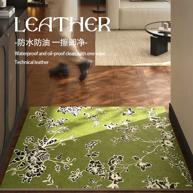 法式绿色花朵入户门地垫复古中古皮革门垫进门玄关可裁剪门厅脚垫
