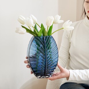 高档客厅玄关摆件家大业大玻璃花瓶蓝色水养插鲜花软装饰品高级感