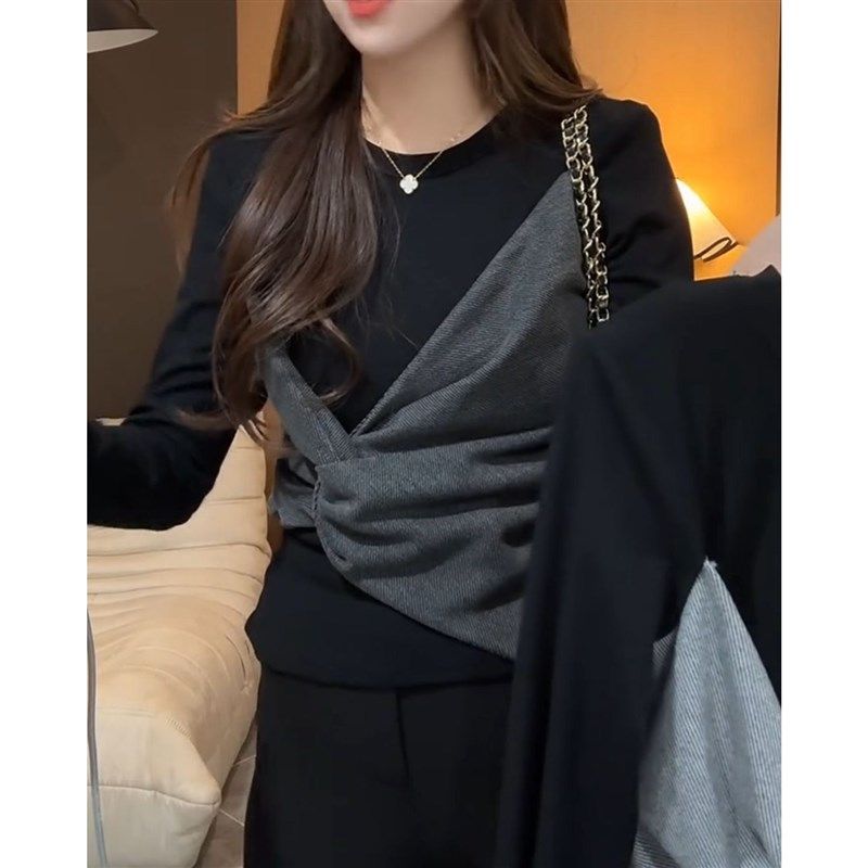 撞色拼接设计感长袖t恤女秋冬2025年新款时尚气质打底衫内搭上衣,女装/女士精品,大码内搭,淘宝优惠券,粉丝福利购,淘宝优惠卷