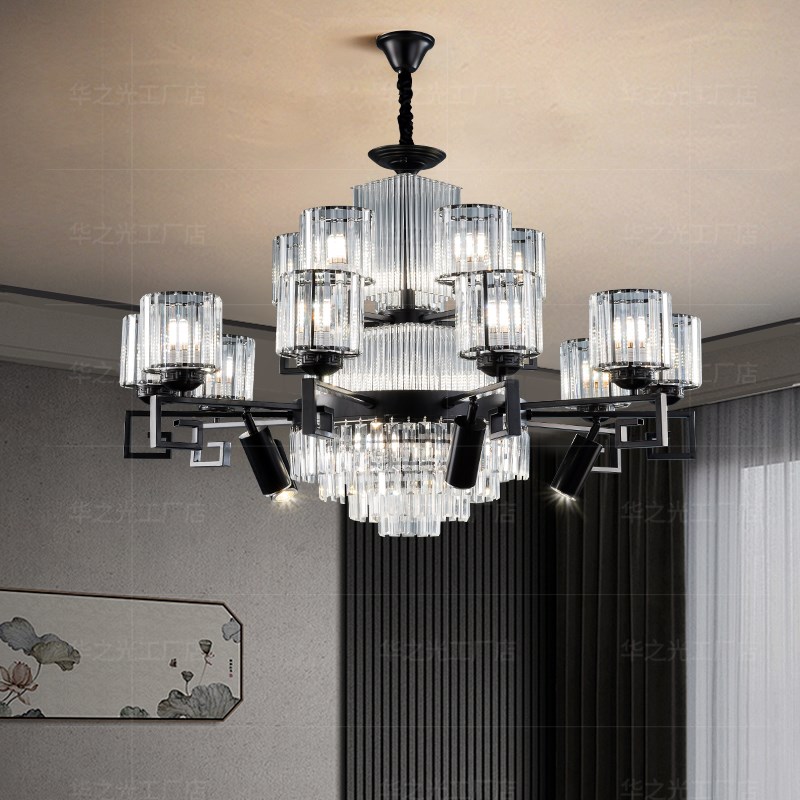 新中式餐桌水晶吊灯带射灯餐厅灯客厅灯轻奢饭店包厢包间中山灯具