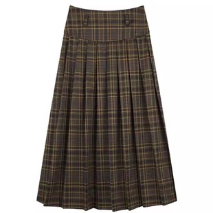 胖mm遮肚藏肉复古棕色格子百褶裙秋款女装大码显瘦中长a字半身裙