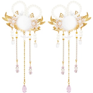 珍珠兔耳毛球发夹女童汉服发饰儿童古风头饰女宝宝中国风古装配饰