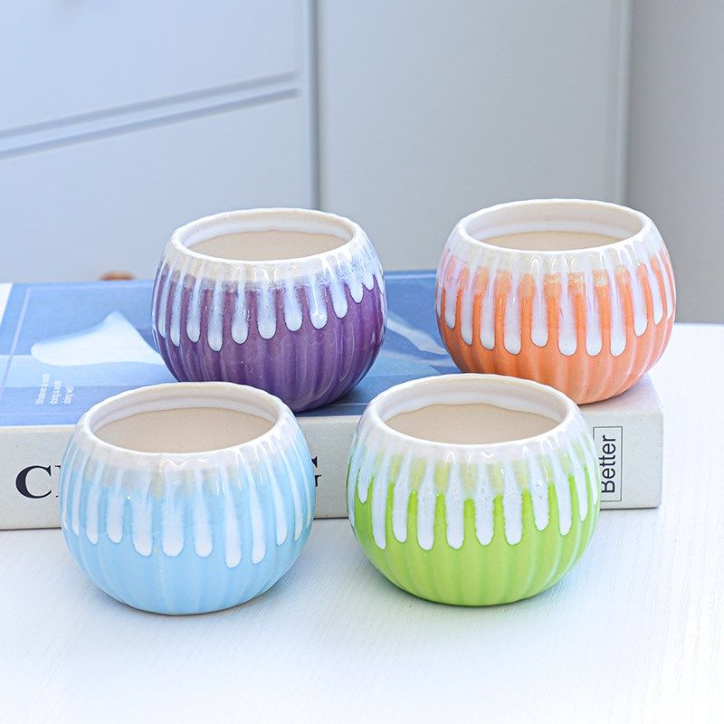 流釉多肉花盆迷你陶瓷竖纹小盆栽多肉盆多彩桌面透气粗陶含托盘,鲜花速递/花卉仿真/绿植园艺,花盆,淘宝优惠券,粉丝福利购,淘宝优惠卷