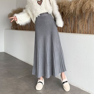冬季长裙到脚踝高个子针织半身裙中长款高腰毛线秋冬a字百褶裙女
