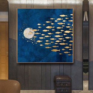 2503新中式 饰画意境壁画正方形墙画鱼玄关走廊茶室挂画 抽象禅意装