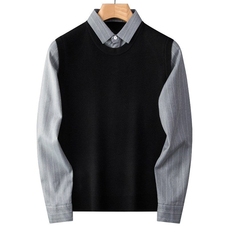2024秋冬季新款假两件毛衣加绒加厚衬衫领时尚男士圆领针织衫潮,男装,针织衫/毛衣,淘宝优惠券,粉丝福利购,淘宝优惠卷