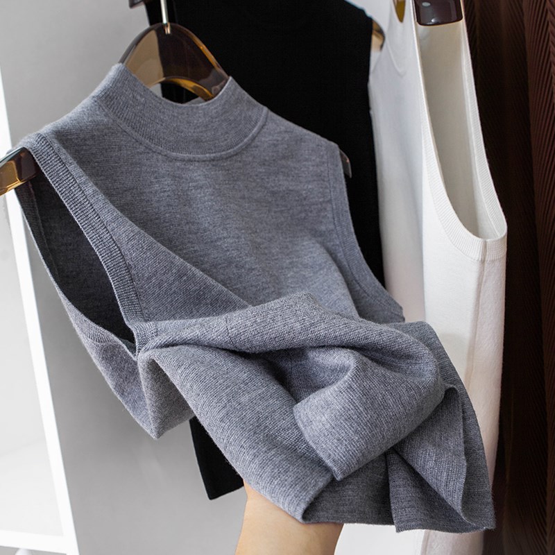 优雅干练气质半高领无袖针织衫 亲肤垂顺精纺美丽诺羊毛背心