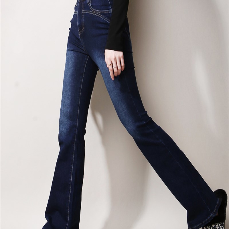 S39超显瘦显腿长微喇高腰弧形裁剪提臀水洗弹力修身欧美牛仔长裤