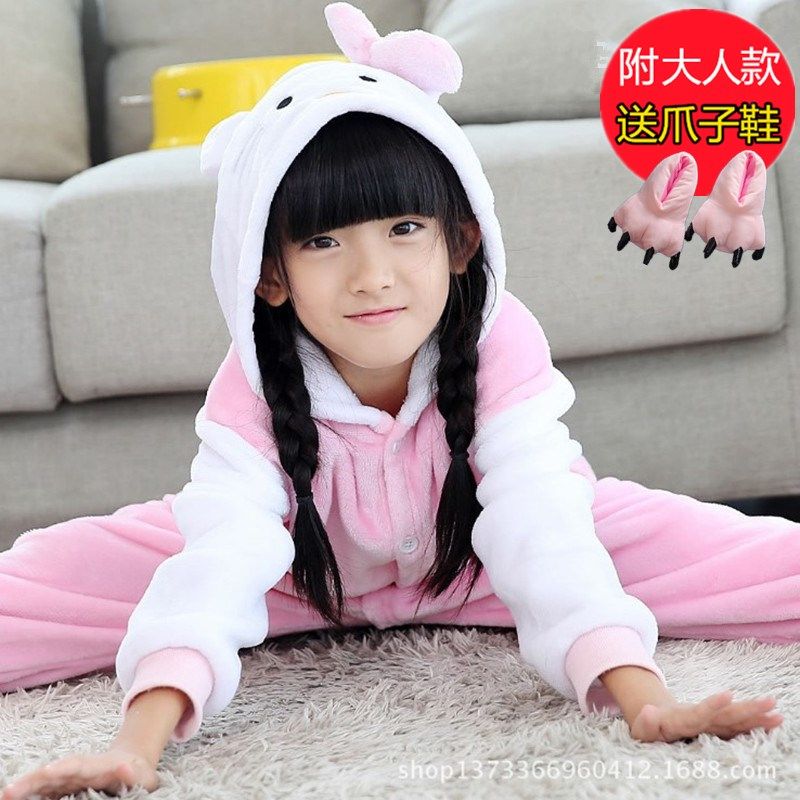 秋冬新款儿童法兰绒老虎连体睡衣女童小男孩卡通动物珊瑚绒家居服